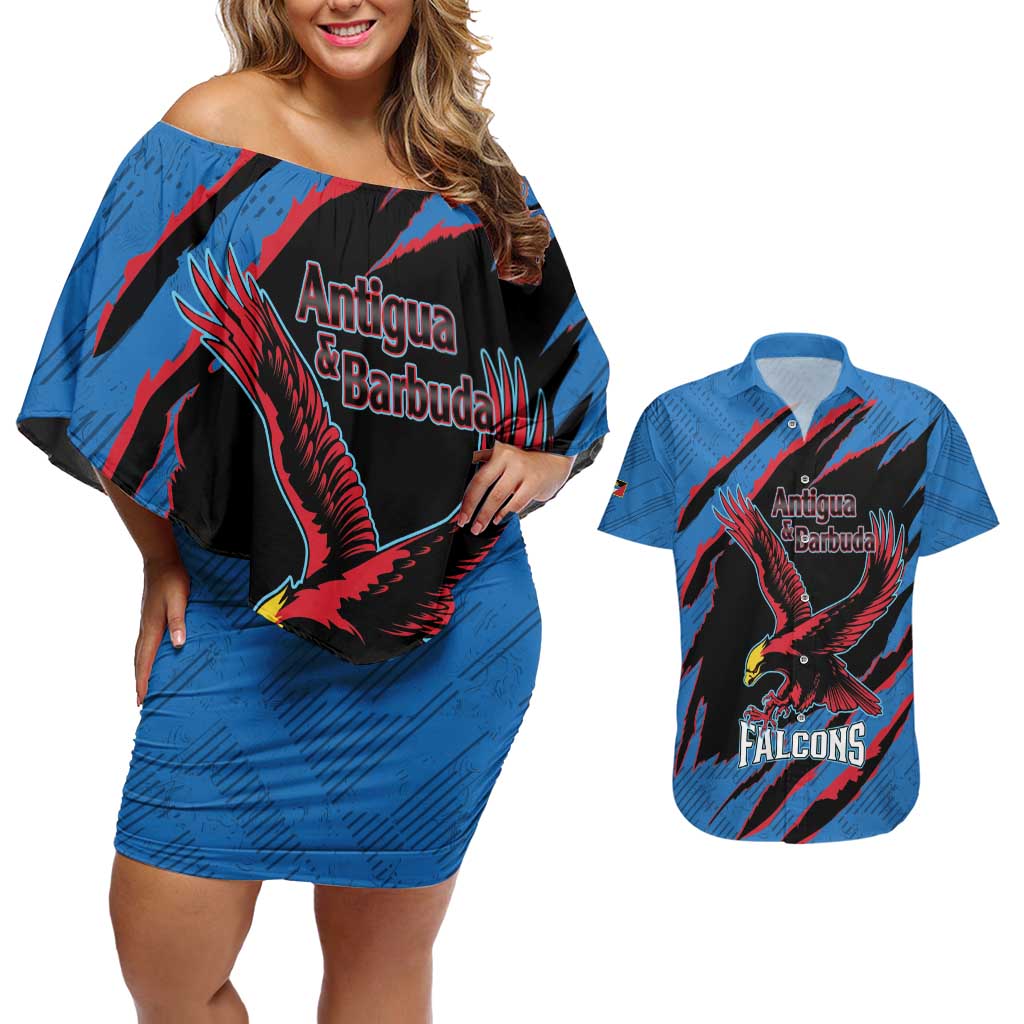Custom Antigua and Barbuda Cricket Couples Matching Off Shoulder Short Dress and Hawaiian Shirt Go Champions Falcons