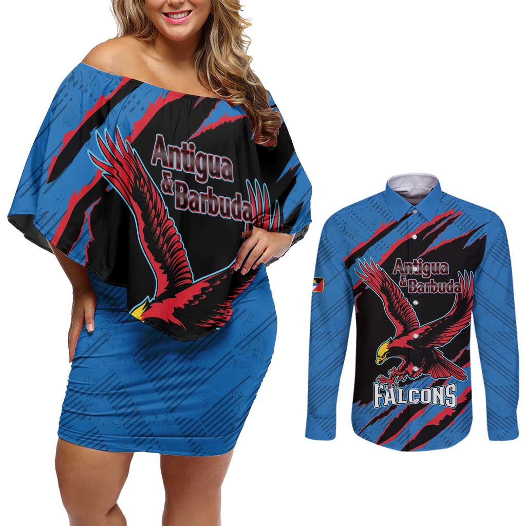Custom Antigua and Barbuda Cricket Couples Matching Off Shoulder Short Dress and Long Sleeve Button Shirt Go Champions Falcons