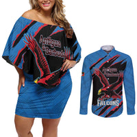 Custom Antigua and Barbuda Cricket Couples Matching Off Shoulder Short Dress and Long Sleeve Button Shirt Go Champions Falcons