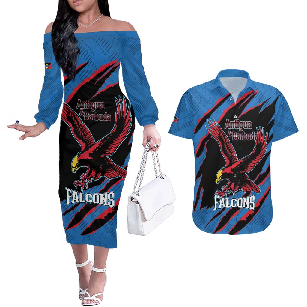 Custom Antigua and Barbuda Cricket Couples Matching Off The Shoulder Long Sleeve Dress and Hawaiian Shirt Go Champions Falcons