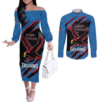 Custom Antigua and Barbuda Cricket Couples Matching Off The Shoulder Long Sleeve Dress and Long Sleeve Button Shirt Go Champions Falcons