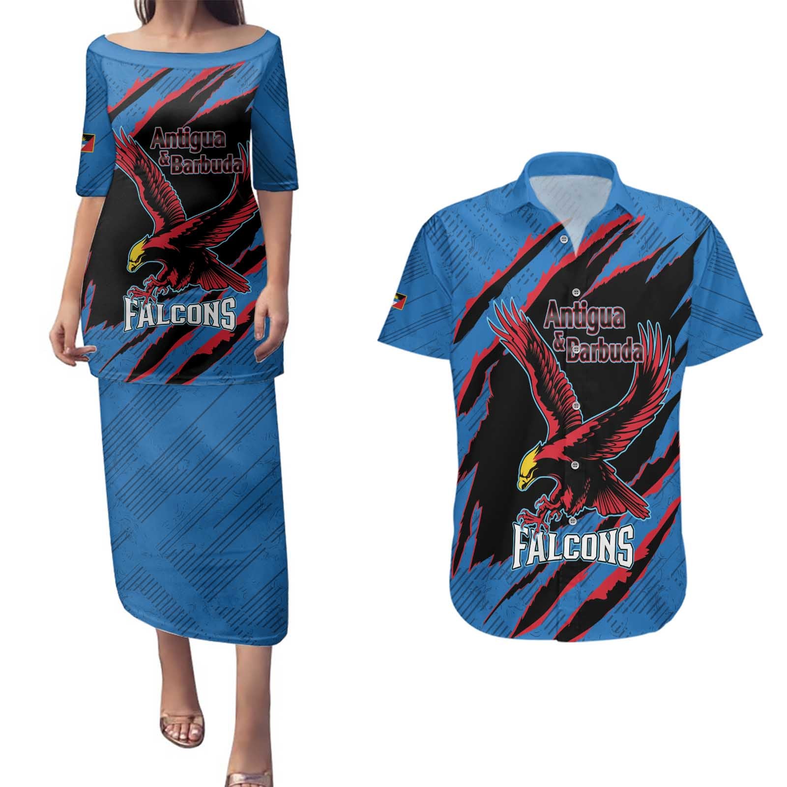 Custom Antigua and Barbuda Cricket Couples Matching Puletasi and Hawaiian Shirt Go Champions Falcons