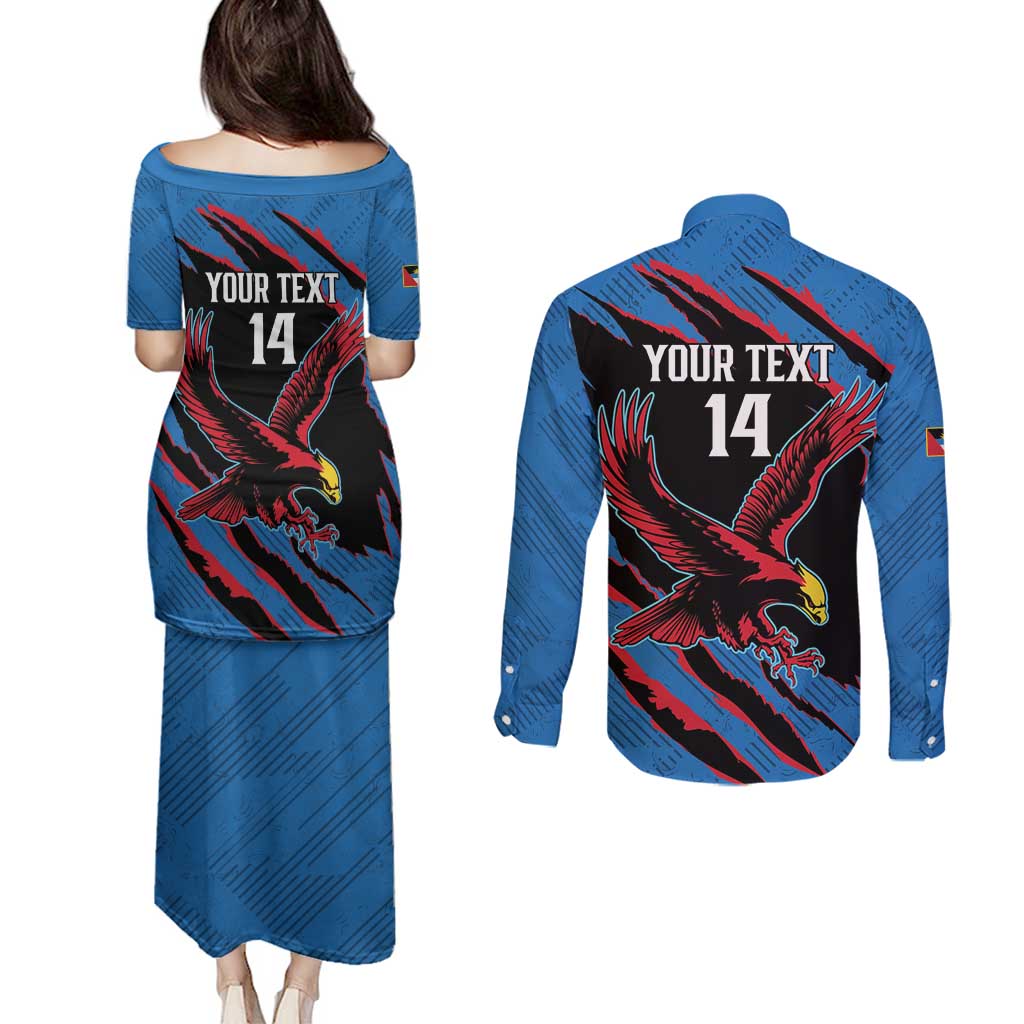 Custom Antigua and Barbuda Cricket Couples Matching Puletasi and Long Sleeve Button Shirt Go Champions Falcons
