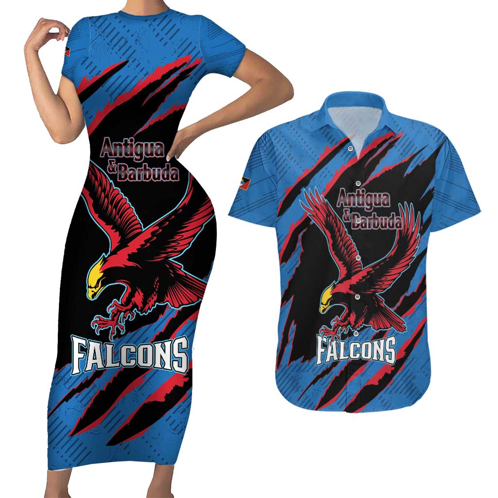 Custom Antigua and Barbuda Cricket Couples Matching Short Sleeve Bodycon Dress and Hawaiian Shirt Go Champions Falcons
