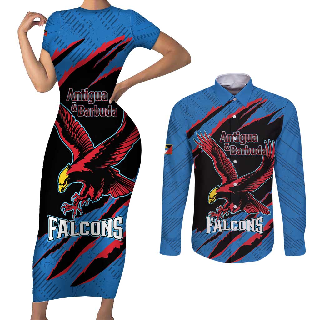 Custom Antigua and Barbuda Cricket Couples Matching Short Sleeve Bodycon Dress and Long Sleeve Button Shirt Go Champions Falcons