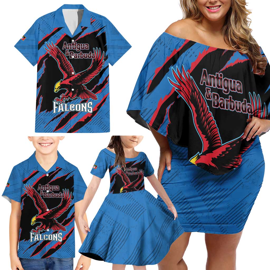 Custom Antigua and Barbuda Cricket Family Matching Off Shoulder Short Dress and Hawaiian Shirt Go Champions Falcons