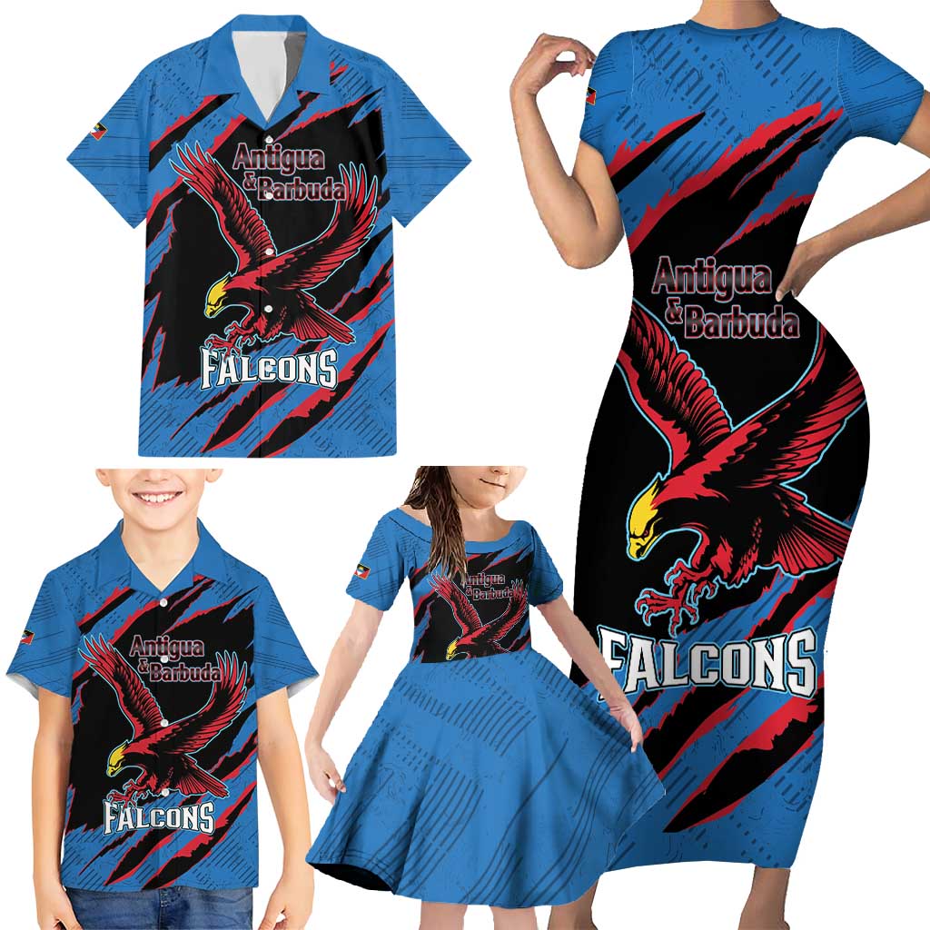 Custom Antigua and Barbuda Cricket Family Matching Short Sleeve Bodycon Dress and Hawaiian Shirt Go Champions Falcons