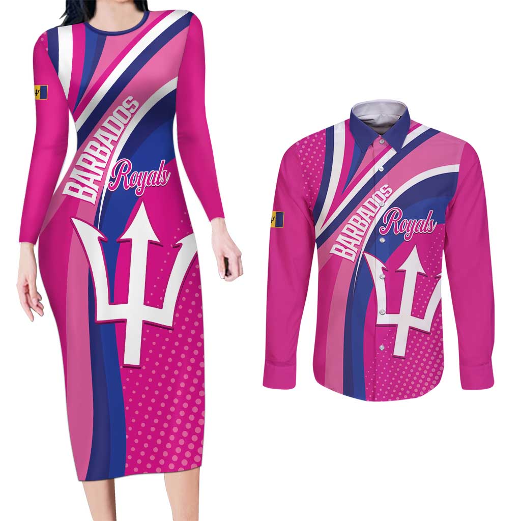 Custom Barbados Royals Cricket Couples Matching Long Sleeve Bodycon Dress and Long Sleeve Button Shirt Go Champions Tridents Pink Version