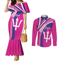 Custom Barbados Royals Cricket Couples Matching Mermaid Dress and Long Sleeve Button Shirt Go Champions Tridents Pink Version