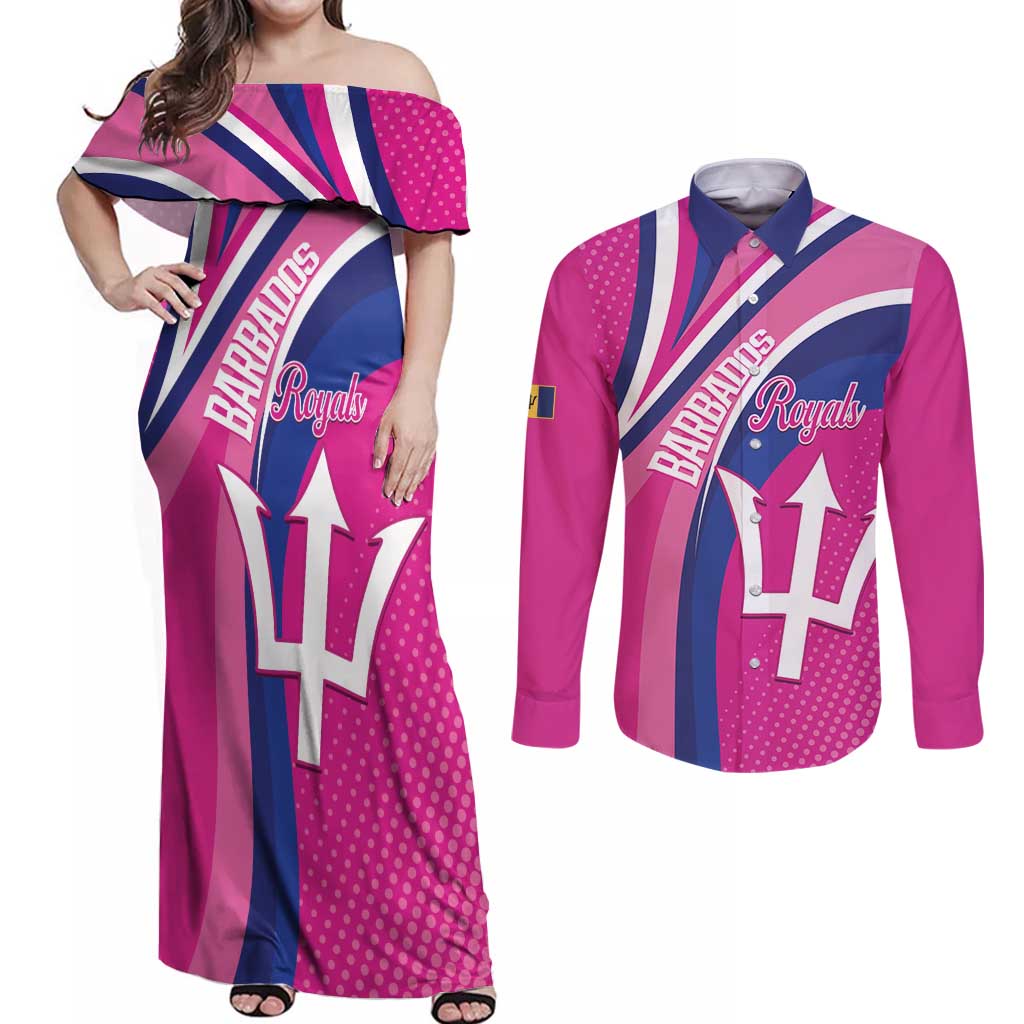 Custom Barbados Royals Cricket Couples Matching Off Shoulder Maxi Dress and Long Sleeve Button Shirt Go Champions Tridents Pink Version
