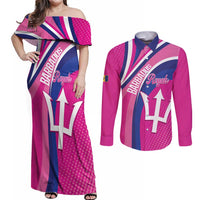Custom Barbados Royals Cricket Couples Matching Off Shoulder Maxi Dress and Long Sleeve Button Shirt Go Champions Tridents Pink Version