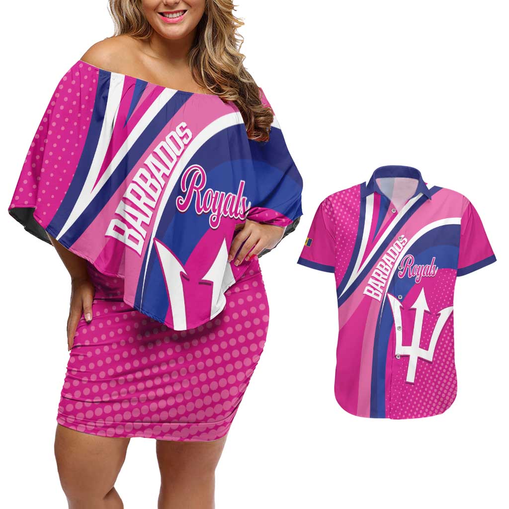 Custom Barbados Royals Cricket Couples Matching Off Shoulder Short Dress and Hawaiian Shirt Go Champions Tridents Pink Version