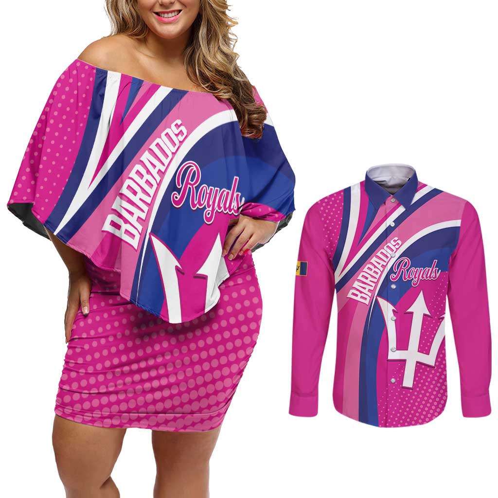 Custom Barbados Royals Cricket Couples Matching Off Shoulder Short Dress and Long Sleeve Button Shirt Go Champions Tridents Pink Version