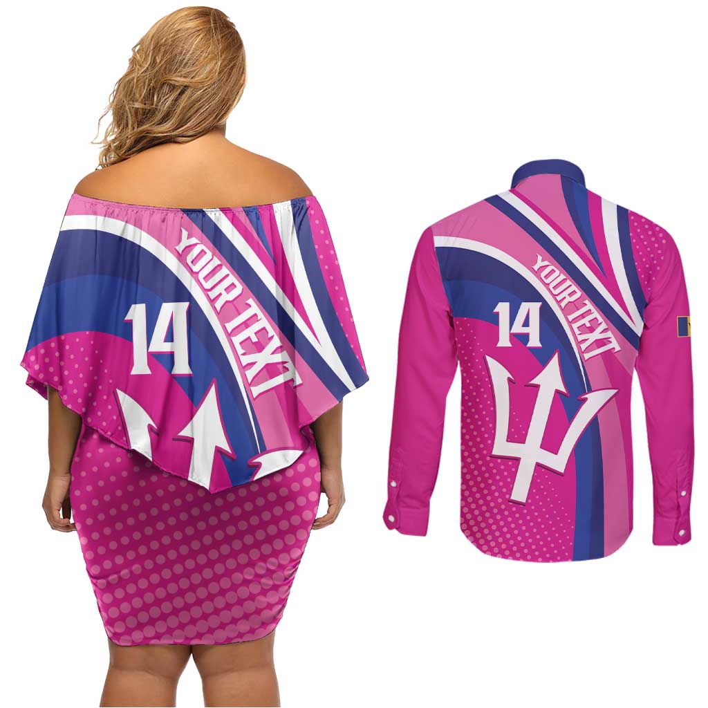 Custom Barbados Royals Cricket Couples Matching Off Shoulder Short Dress and Long Sleeve Button Shirt Go Champions Tridents Pink Version