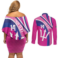 Custom Barbados Royals Cricket Couples Matching Off Shoulder Short Dress and Long Sleeve Button Shirt Go Champions Tridents Pink Version