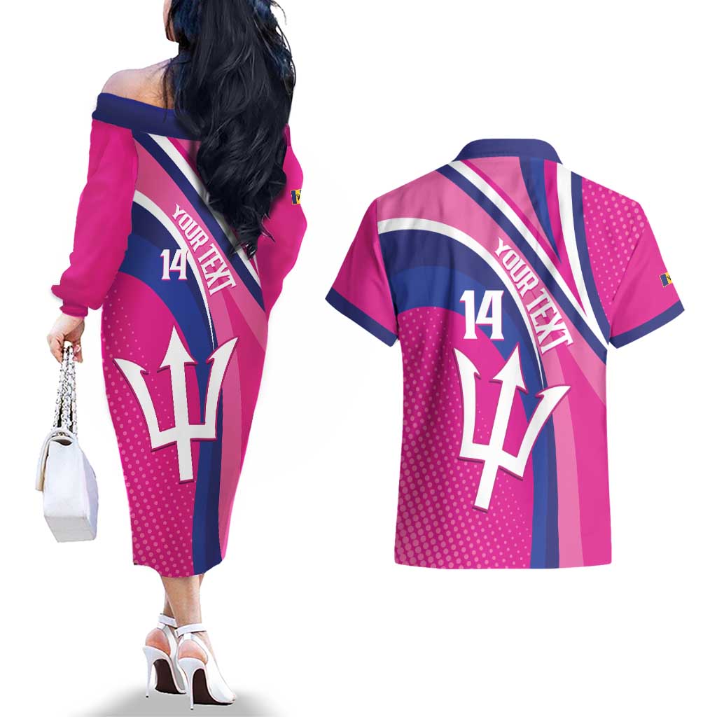 Custom Barbados Royals Cricket Couples Matching Off The Shoulder Long Sleeve Dress and Hawaiian Shirt Go Champions Tridents Pink Version
