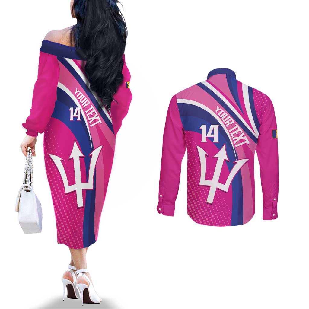 Custom Barbados Royals Cricket Couples Matching Off The Shoulder Long Sleeve Dress and Long Sleeve Button Shirt Go Champions Tridents Pink Version