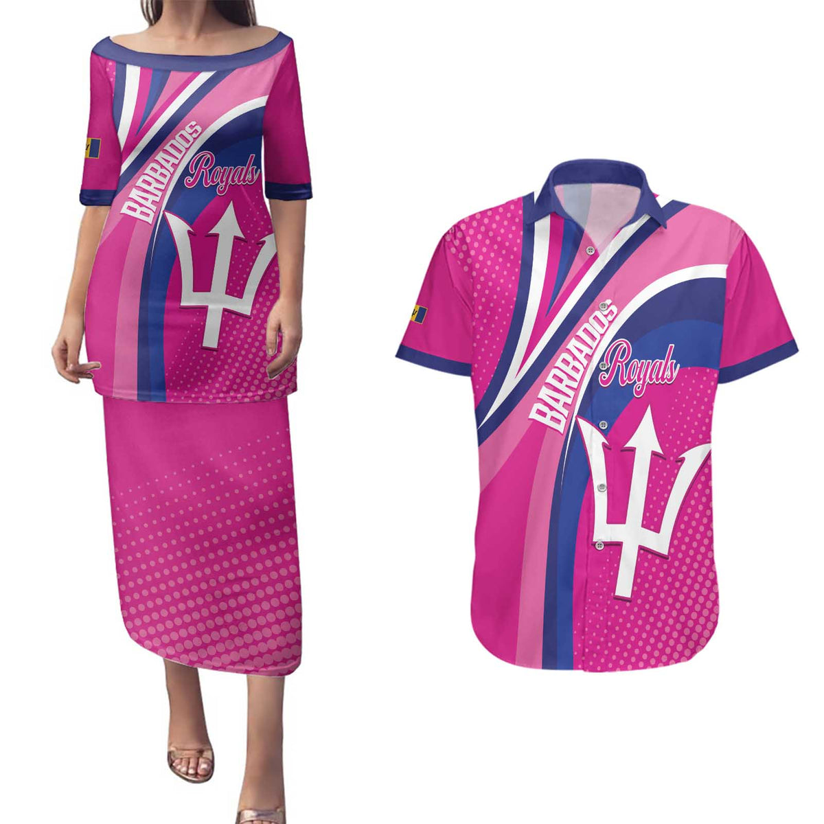 Custom Barbados Royals Cricket Couples Matching Puletasi and Hawaiian Shirt Go Champions Tridents Pink Version