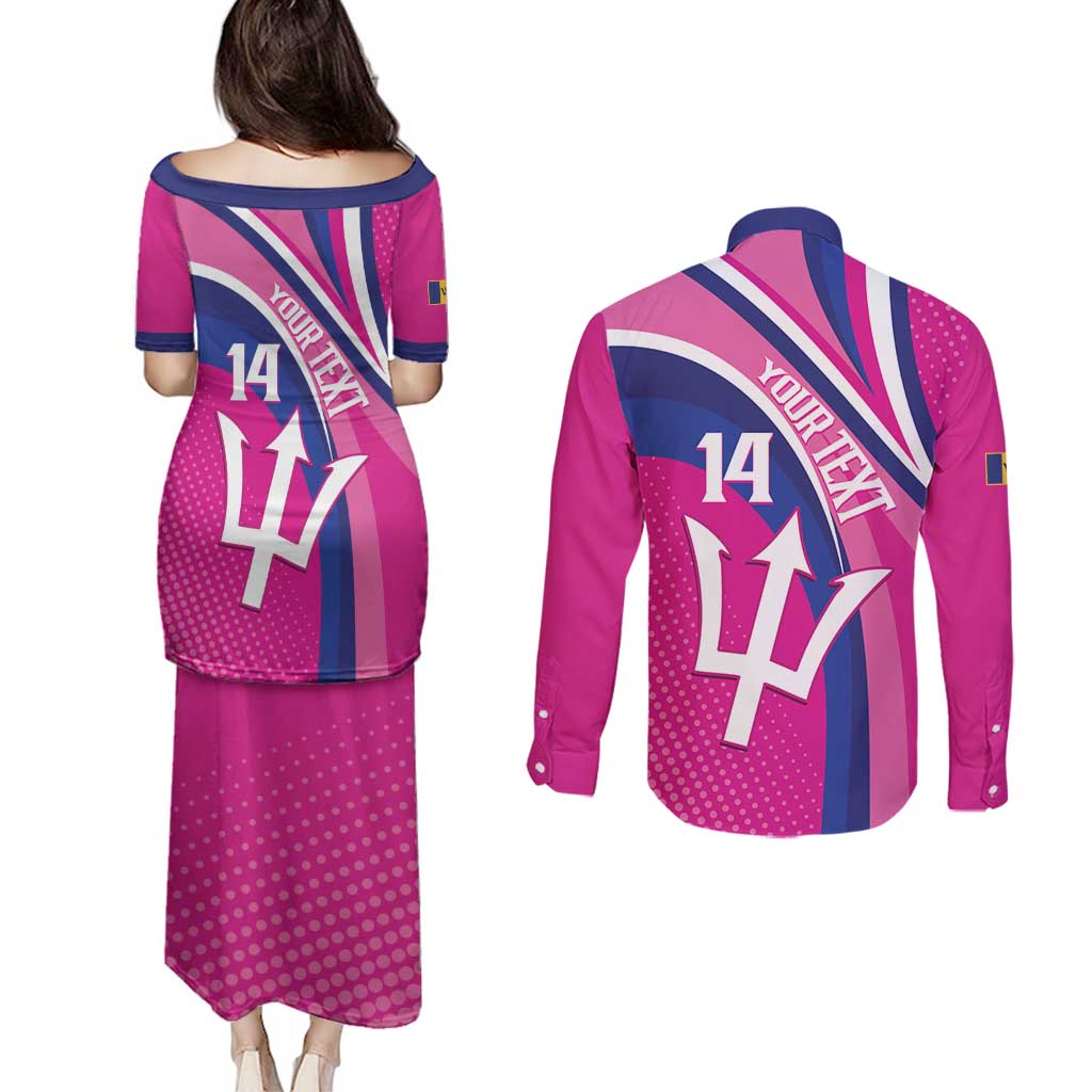 Custom Barbados Royals Cricket Couples Matching Puletasi and Long Sleeve Button Shirt Go Champions Tridents Pink Version