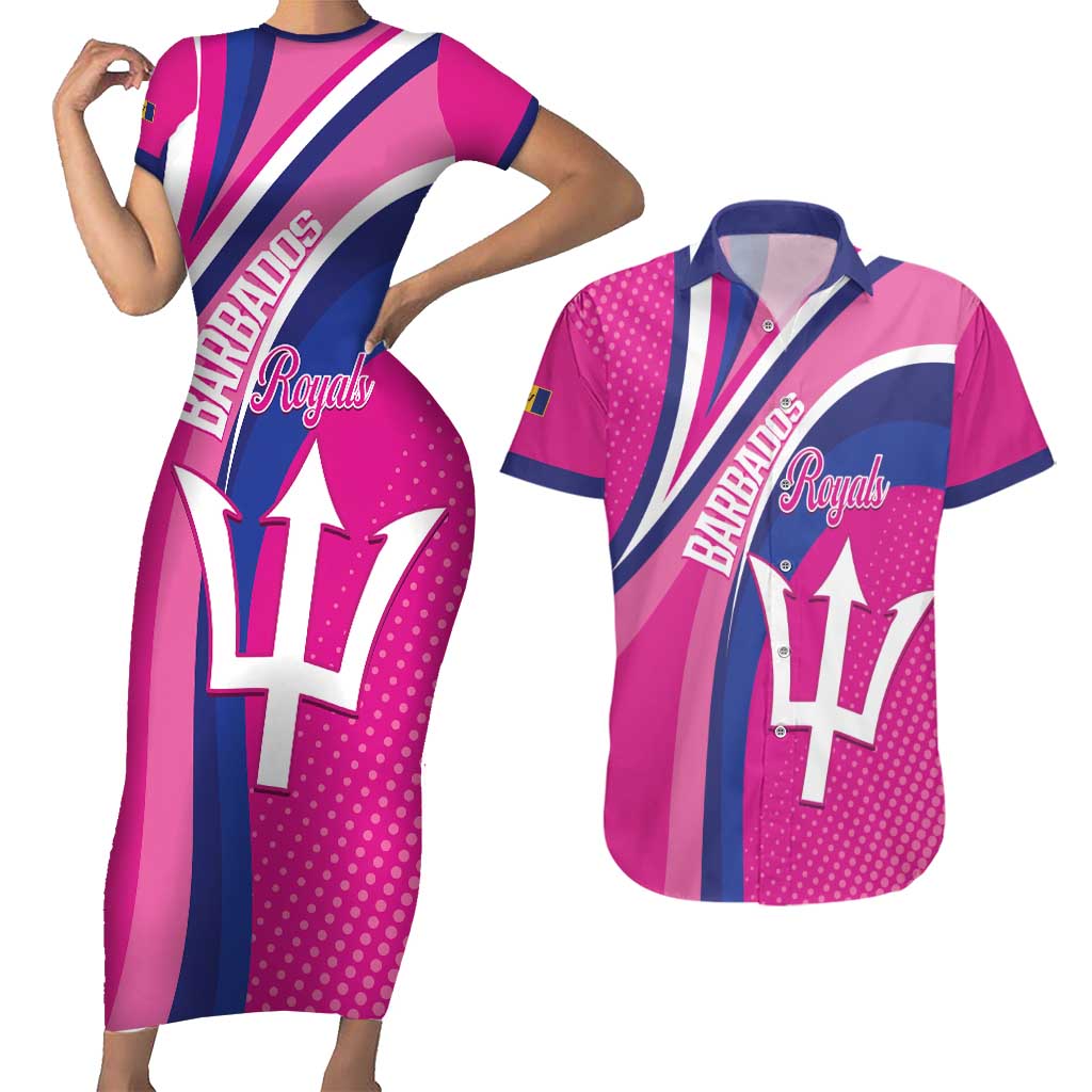 Custom Barbados Royals Cricket Couples Matching Short Sleeve Bodycon Dress and Hawaiian Shirt Go Champions Tridents Pink Version