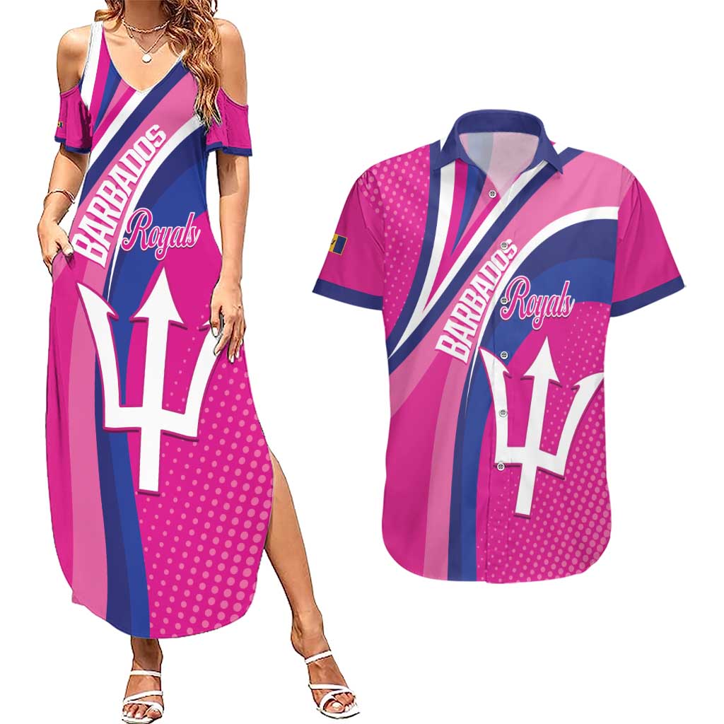 Custom Barbados Royals Cricket Couples Matching Summer Maxi Dress and Hawaiian Shirt Go Champions Tridents Pink Version