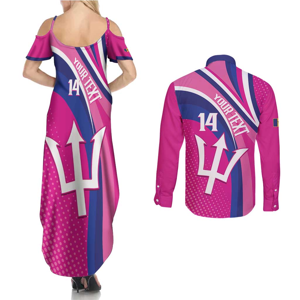 Custom Barbados Royals Cricket Couples Matching Summer Maxi Dress and Long Sleeve Button Shirt Go Champions Tridents Pink Version