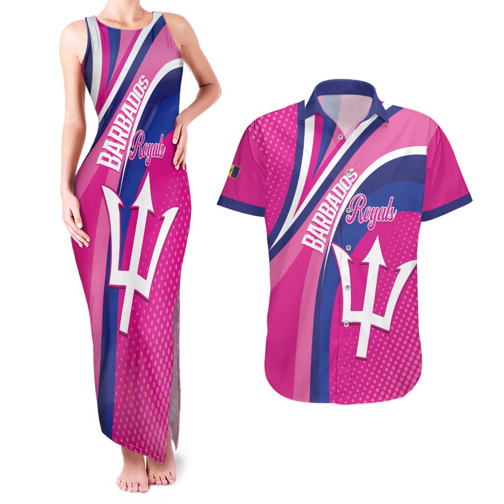 Custom Barbados Royals Cricket Couples Matching Tank Maxi Dress and Hawaiian Shirt Go Champions Tridents Pink Version