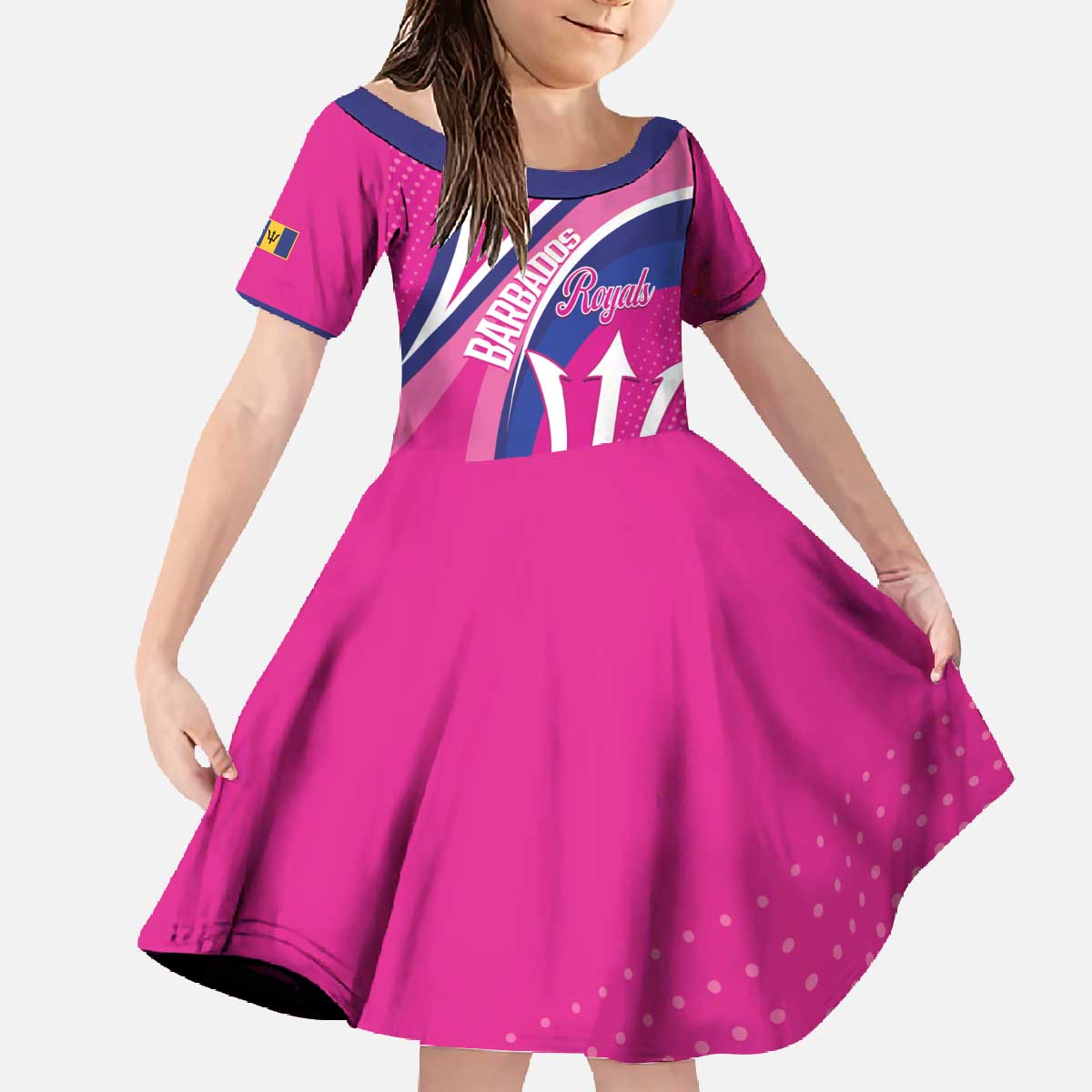 Custom Barbados Royals Cricket Family Matching Off The Shoulder Long Sleeve Dress and Hawaiian Shirt Go Champions Tridents Pink Version