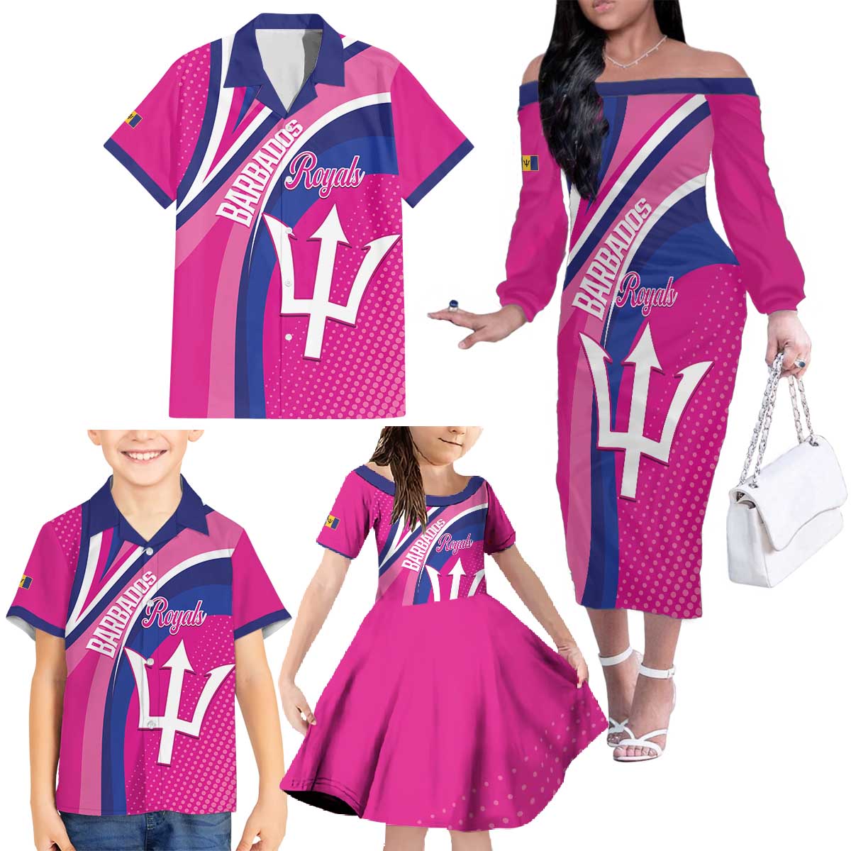 Custom Barbados Royals Cricket Family Matching Off The Shoulder Long Sleeve Dress and Hawaiian Shirt Go Champions Tridents Pink Version