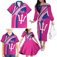 Custom Barbados Royals Cricket Family Matching Off The Shoulder Long Sleeve Dress and Hawaiian Shirt Go Champions Tridents Pink Version