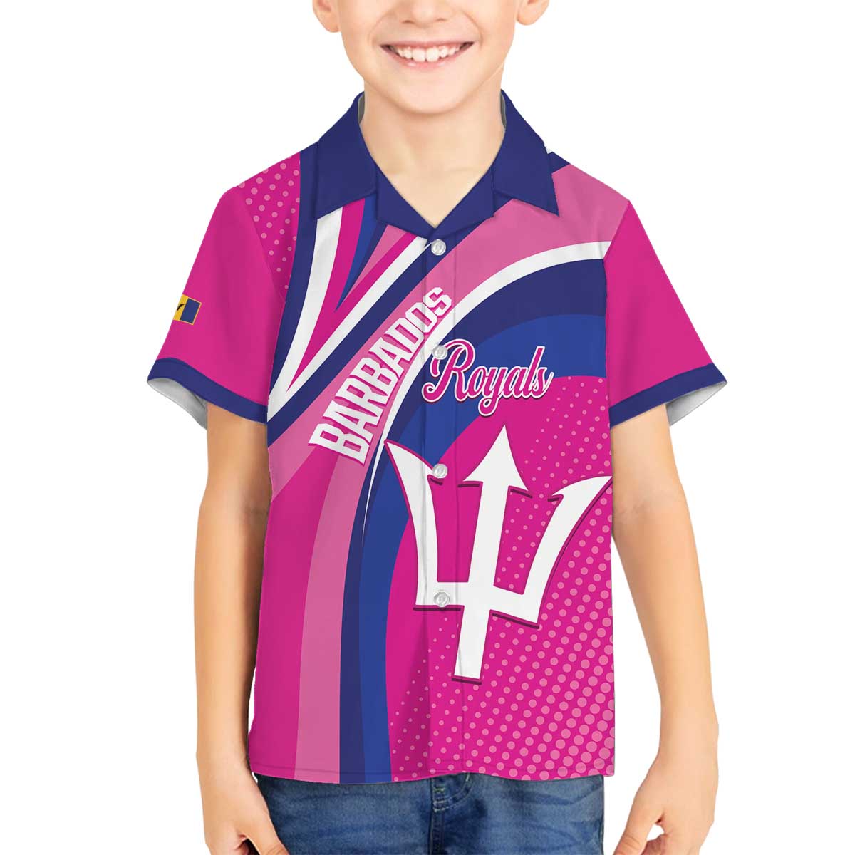 Custom Barbados Royals Cricket Family Matching Off The Shoulder Long Sleeve Dress and Hawaiian Shirt Go Champions Tridents Pink Version