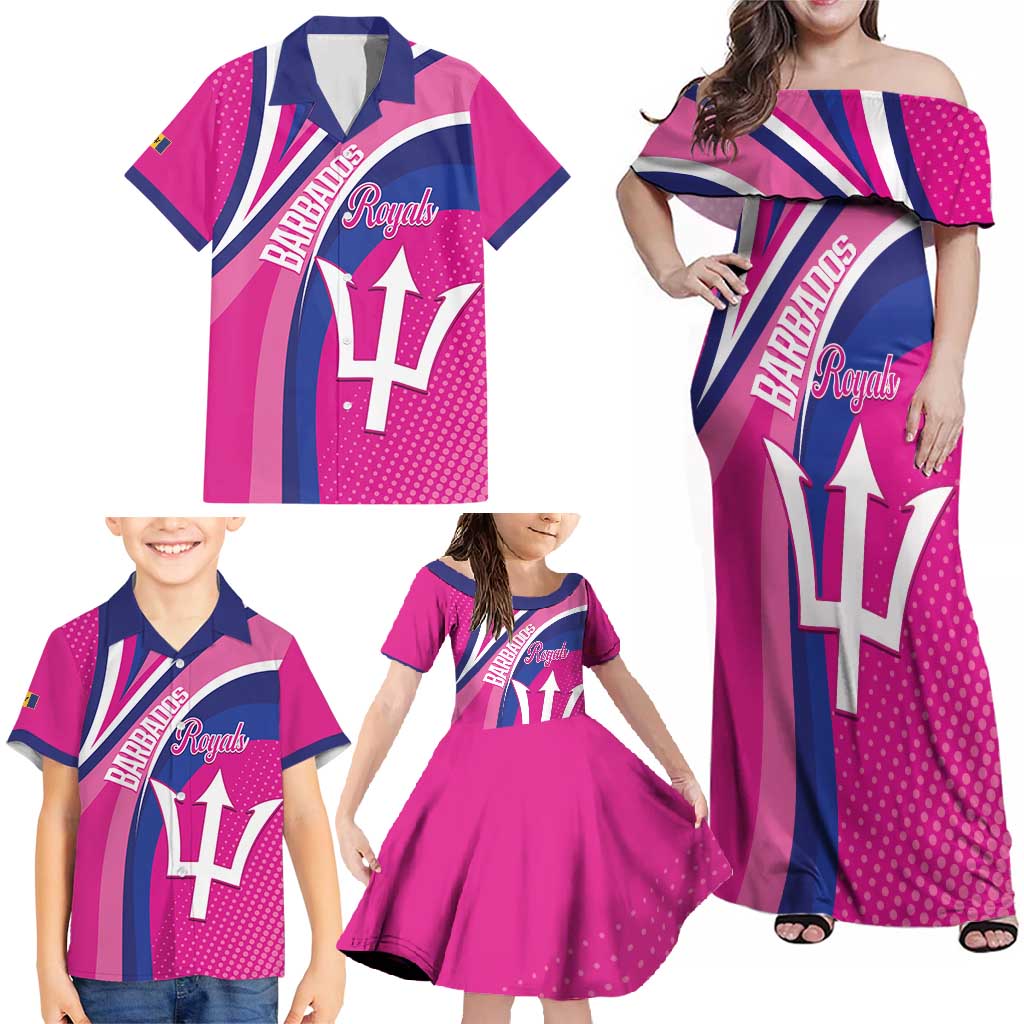 Custom Barbados Royals Cricket Family Matching Off Shoulder Maxi Dress and Hawaiian Shirt Go Champions Tridents Pink Version