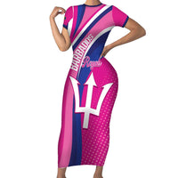 Custom Barbados Royals Cricket Family Matching Short Sleeve Bodycon Dress and Hawaiian Shirt Go Champions Tridents Pink Version