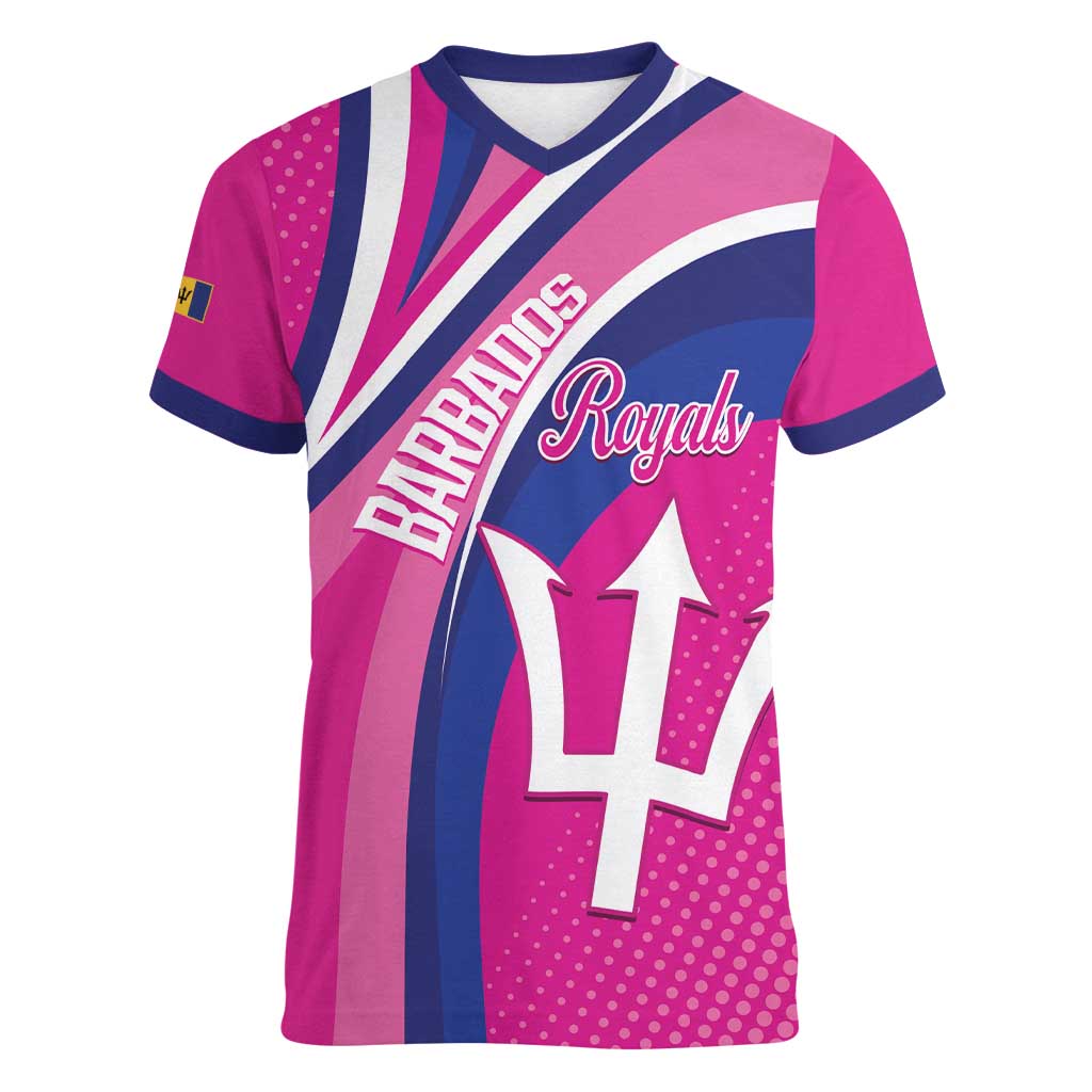 Custom Barbados Royals Cricket Women V-Neck T-Shirt Go Champions Tridents Pink Version