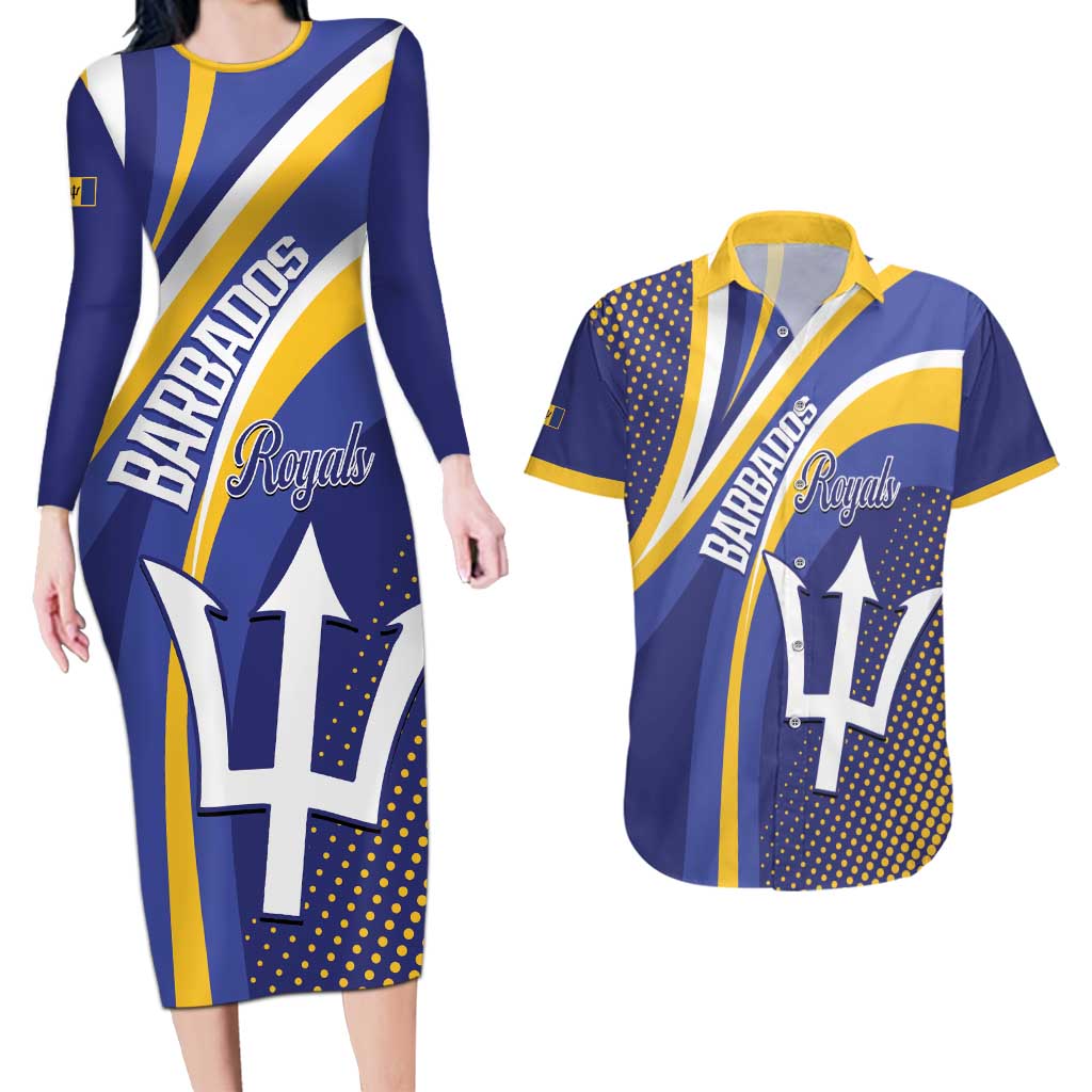 Custom Barbados Royals Cricket Couples Matching Long Sleeve Bodycon Dress and Hawaiian Shirt Go Champions Tridents Yellow Version