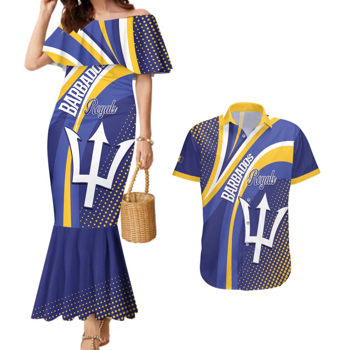 Custom Barbados Royals Cricket Couples Matching Mermaid Dress and Hawaiian Shirt Go Champions Tridents Yellow Version