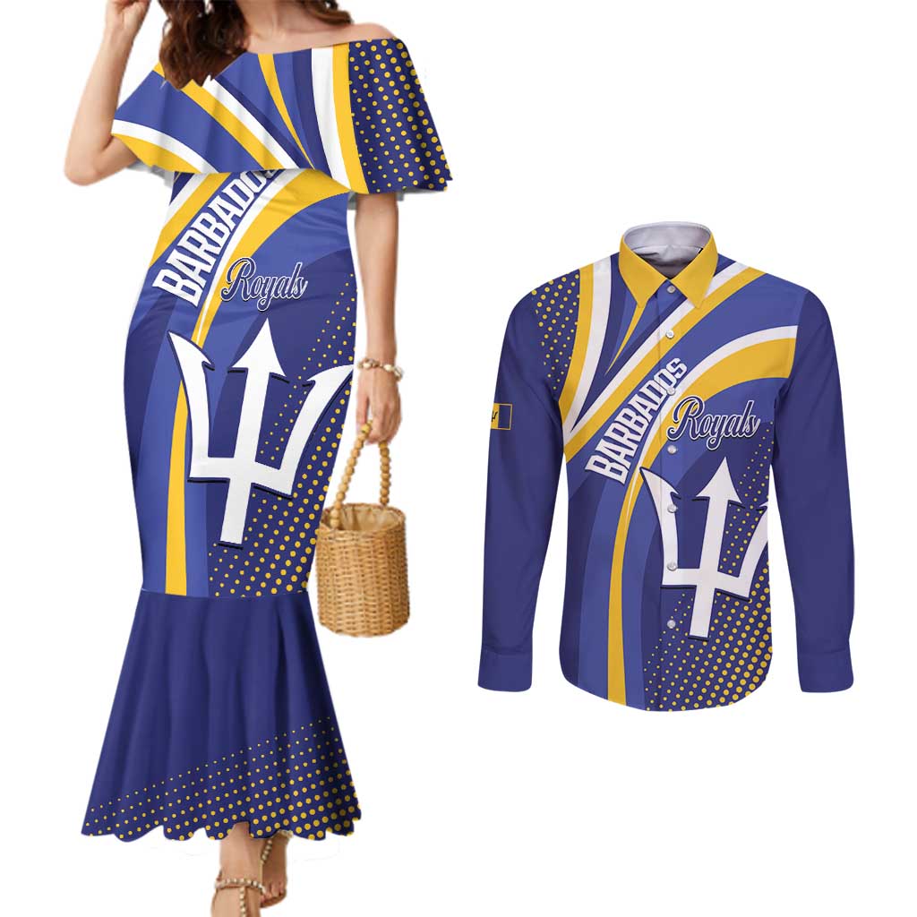 Custom Barbados Royals Cricket Couples Matching Mermaid Dress and Long Sleeve Button Shirt Go Champions Tridents Yellow Version