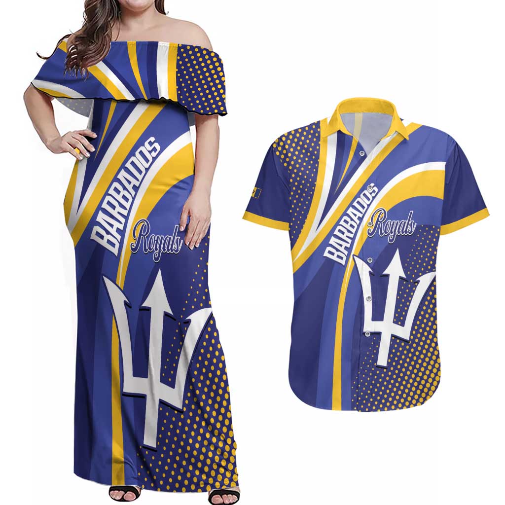 Custom Barbados Royals Cricket Couples Matching Off Shoulder Maxi Dress and Hawaiian Shirt Go Champions Tridents Yellow Version