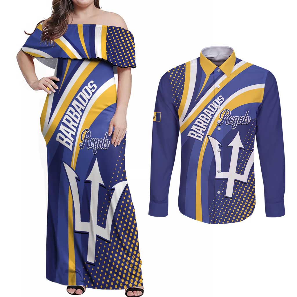 Custom Barbados Royals Cricket Couples Matching Off Shoulder Maxi Dress and Long Sleeve Button Shirt Go Champions Tridents Yellow Version