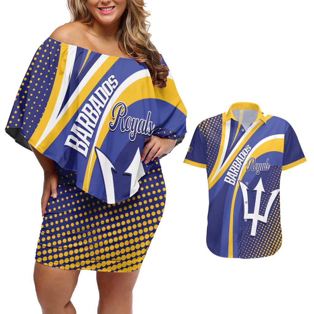 Custom Barbados Royals Cricket Couples Matching Off Shoulder Short Dress and Hawaiian Shirt Go Champions Tridents Yellow Version