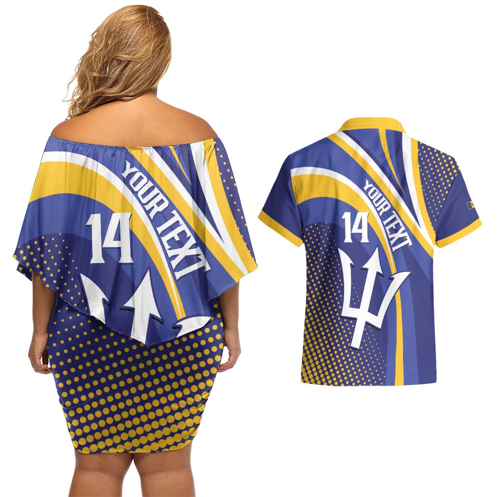 Custom Barbados Royals Cricket Couples Matching Off Shoulder Short Dress and Hawaiian Shirt Go Champions Tridents Yellow Version
