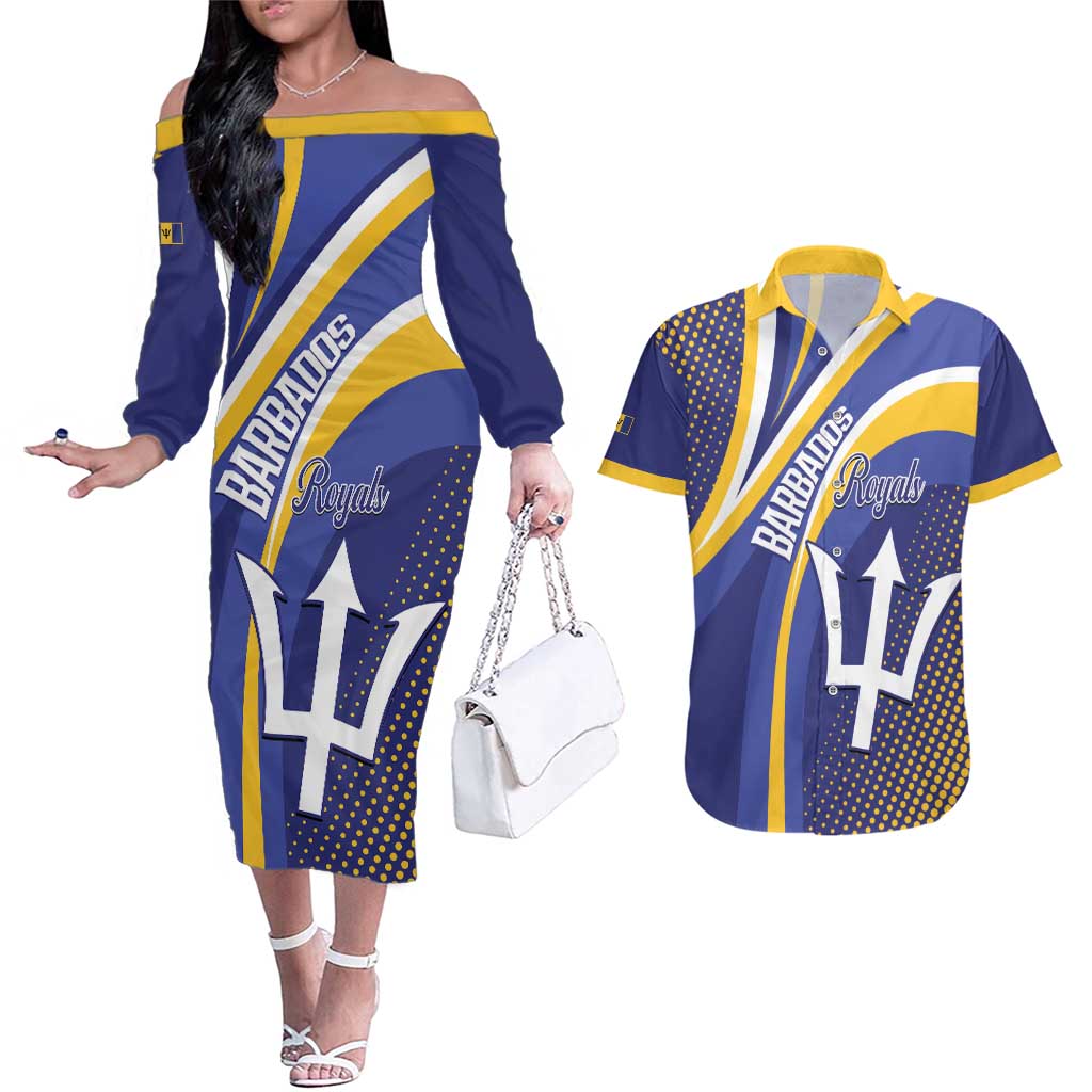 Custom Barbados Royals Cricket Couples Matching Off The Shoulder Long Sleeve Dress and Hawaiian Shirt Go Champions Tridents Yellow Version