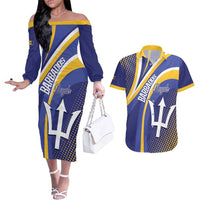 Custom Barbados Royals Cricket Couples Matching Off The Shoulder Long Sleeve Dress and Hawaiian Shirt Go Champions Tridents Yellow Version