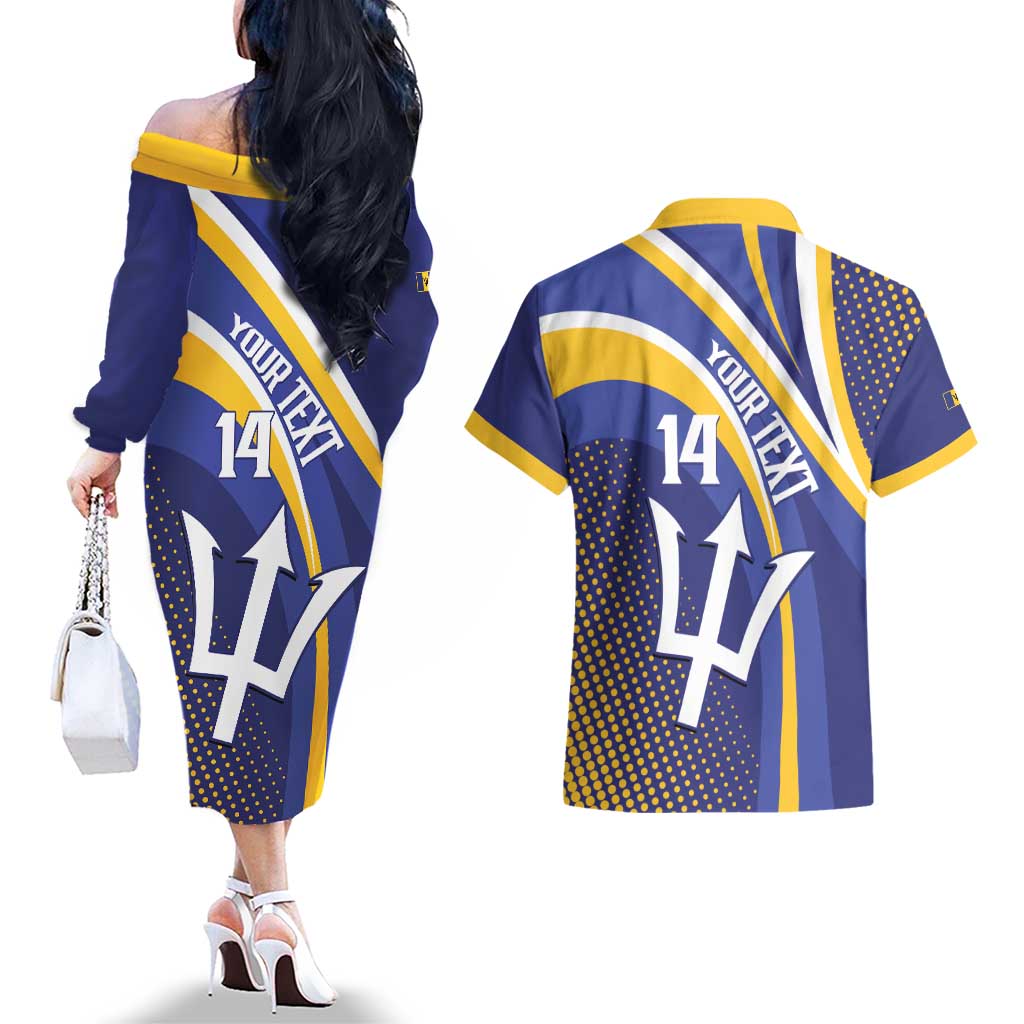 Custom Barbados Royals Cricket Couples Matching Off The Shoulder Long Sleeve Dress and Hawaiian Shirt Go Champions Tridents Yellow Version