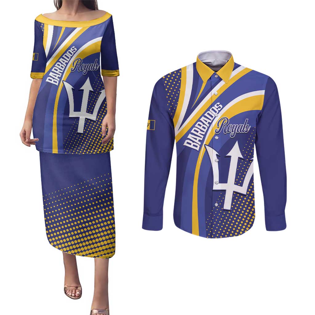 Custom Barbados Royals Cricket Couples Matching Puletasi and Long Sleeve Button Shirt Go Champions Tridents Yellow Version