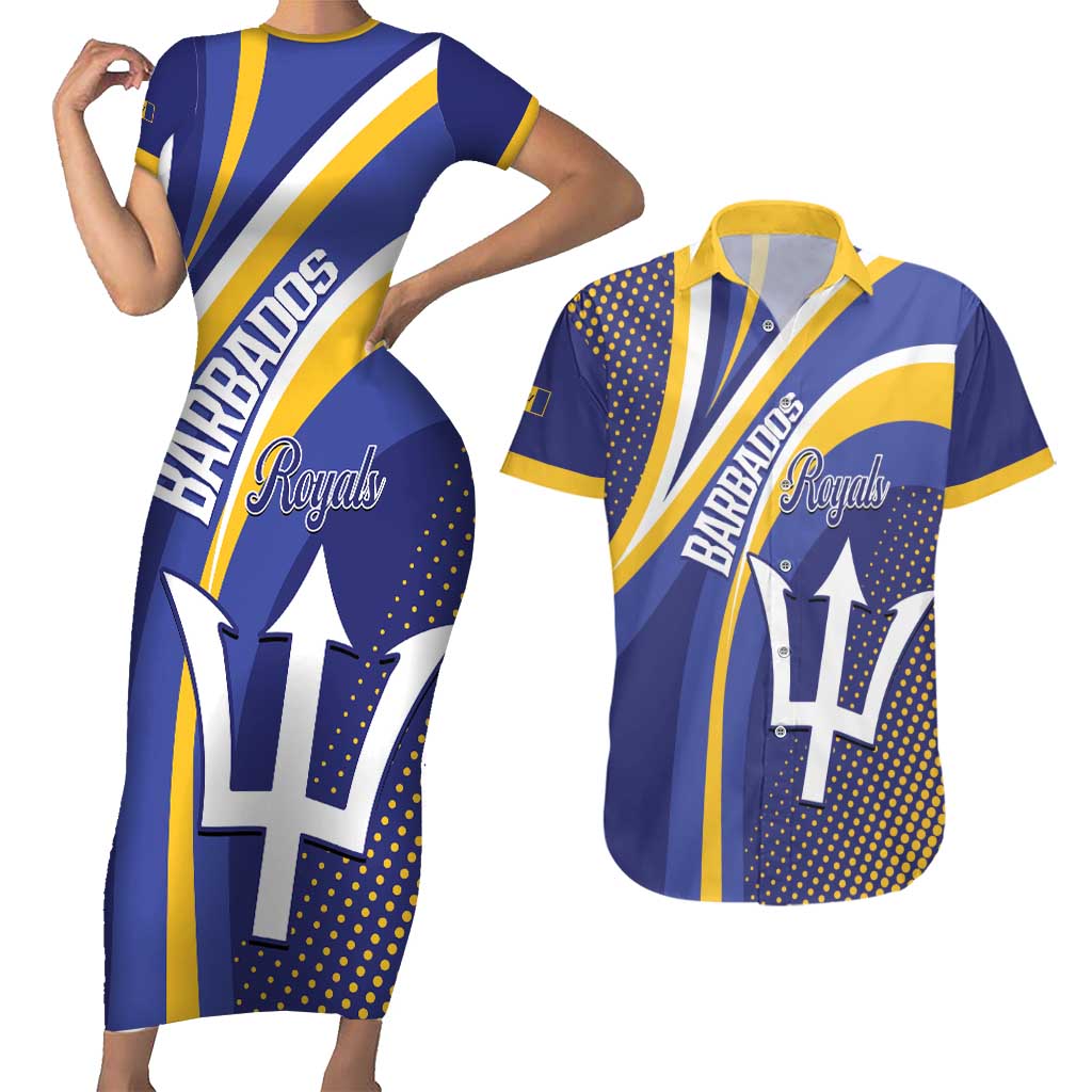 Custom Barbados Royals Cricket Couples Matching Short Sleeve Bodycon Dress and Hawaiian Shirt Go Champions Tridents Yellow Version