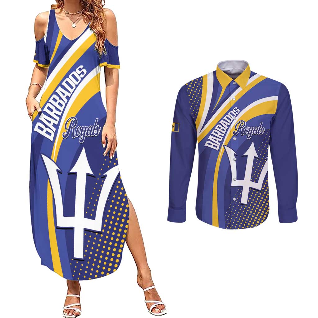 Custom Barbados Royals Cricket Couples Matching Summer Maxi Dress and Long Sleeve Button Shirt Go Champions Tridents Yellow Version