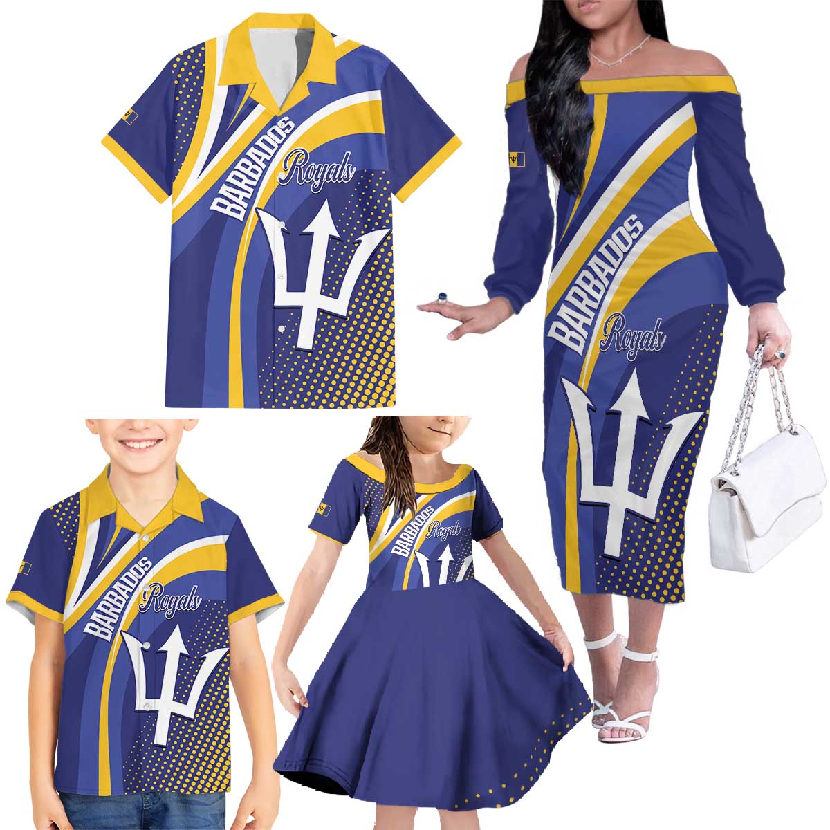 Custom Barbados Royals Cricket Family Matching Off The Shoulder Long Sleeve Dress and Hawaiian Shirt Go Champions Tridents Yellow Version