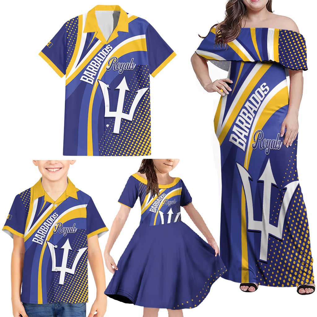 Custom Barbados Royals Cricket Family Matching Off Shoulder Maxi Dress and Hawaiian Shirt Go Champions Tridents Yellow Version