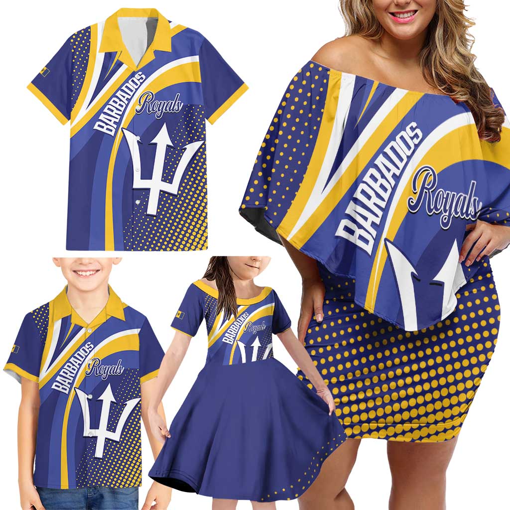Custom Barbados Royals Cricket Family Matching Off Shoulder Short Dress and Hawaiian Shirt Go Champions Tridents Yellow Version